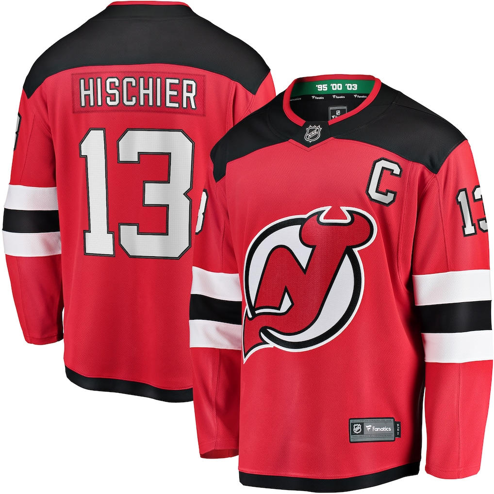 Men's New Jersey Devils Nico Hischier #13 Fanatics Red Captain Patch Home Breakaway Jersey