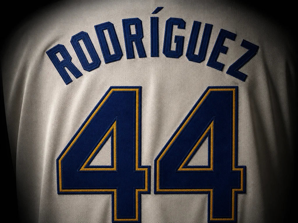Close-up of the stitched RODRIGUEZ nameplate and the number 44 on a Seattle Mariners jersey