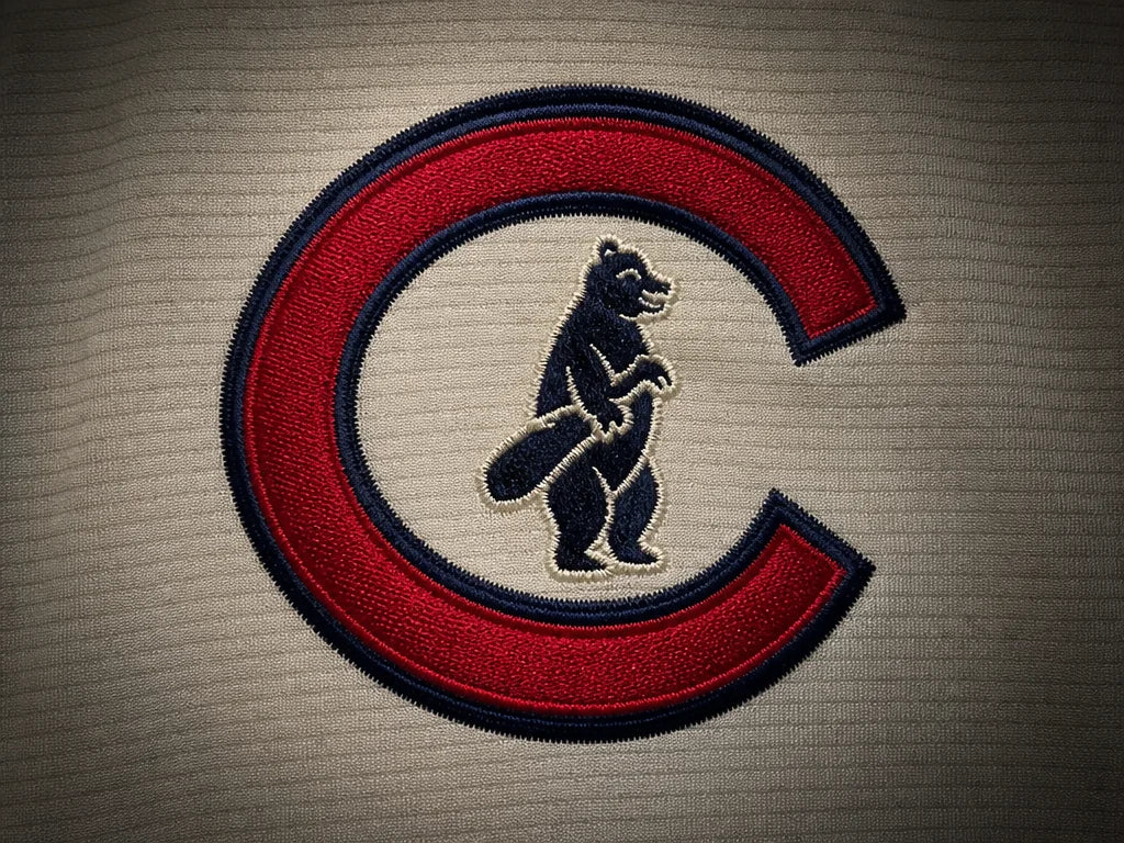 Close-up of the embroidered Chicago Cubs C logo with the walking bear on the cream jersey