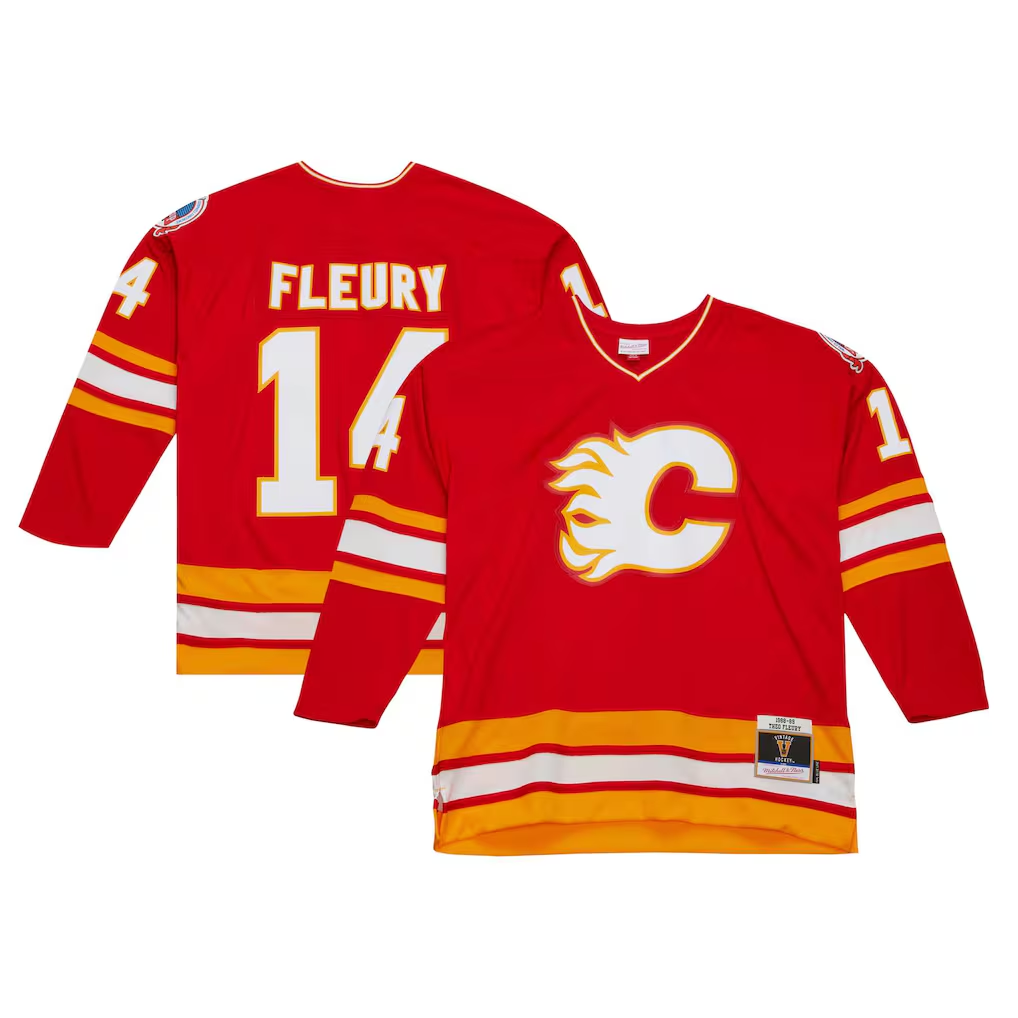 Men's Calgary Flames Theoren Fleury #14 Mitchell & Ness Red 1988/89 Blue Line Player Jersey