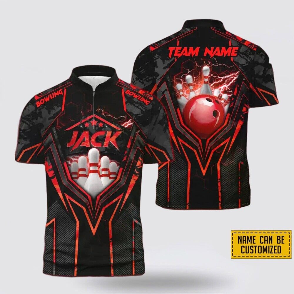 Custom Name and Team Name Red Bowling and Pin Thunder Bowling Jersey Shirt -