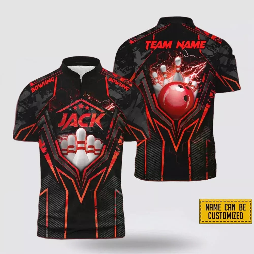Custom Name and Team Name Red Bowling and Pin Thunder Bowling Jersey Shirt -