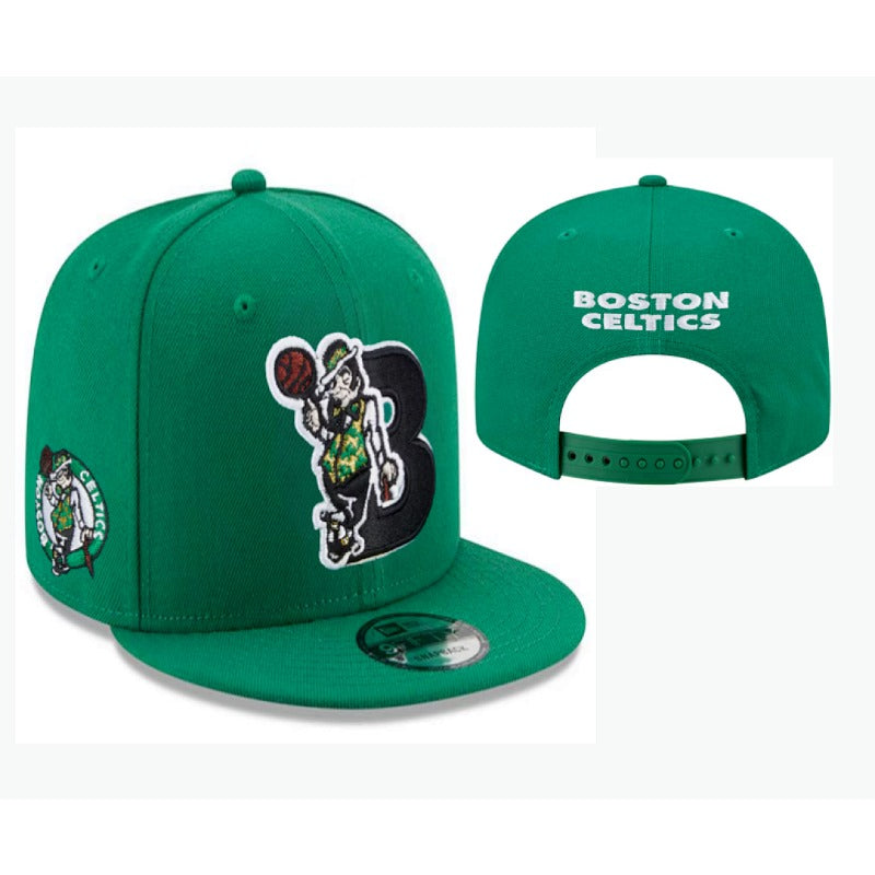 Boston City Basketball Clover Symbol Flat Brim Snapback Caps, Unisex Adjustable Game Day Headwear Green Black Teal Multi Color Hats