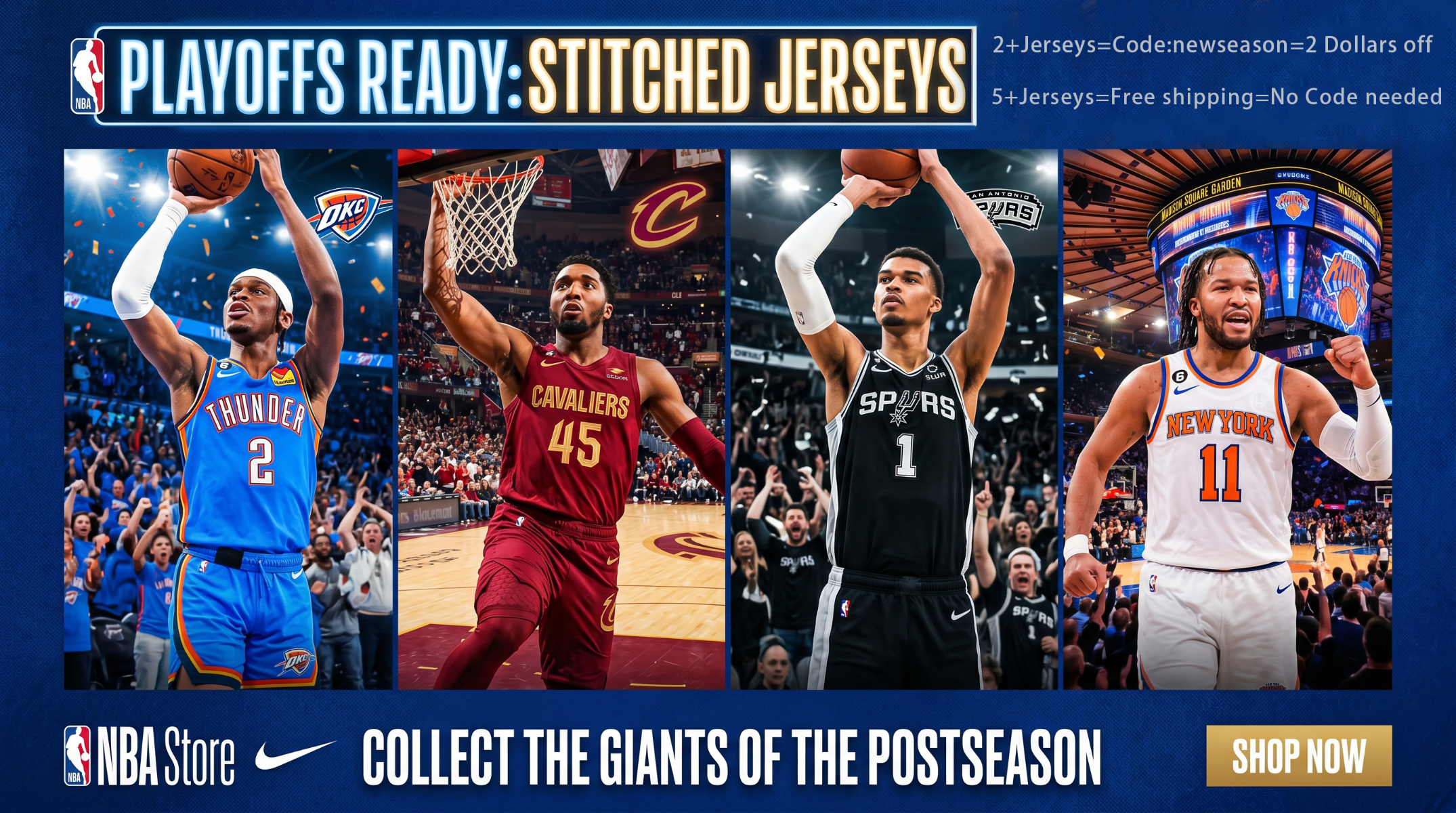 Promotional image for NBA Store playoffs ready stitched jerseys with four basketball players in action poses.