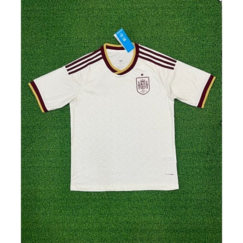 Spain Pale Yellow & Burgundy world cup Soccer Jersey | National Away Fan Match Shirt