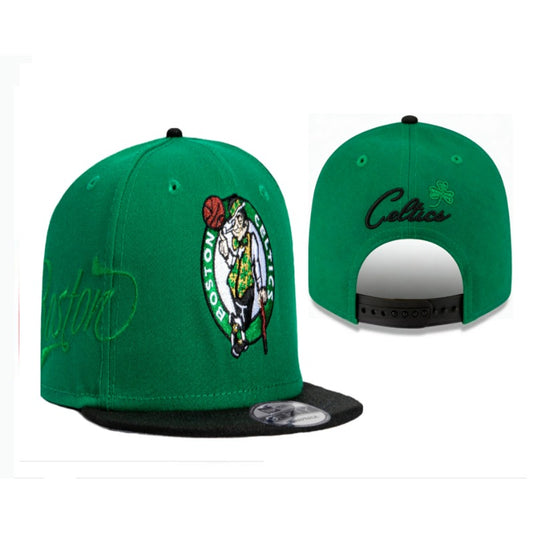 Boston City Basketball Clover Symbol Flat Brim Snapback Caps, Unisex Adjustable Game Day Headwear Green Black Teal Multi Color Hats
