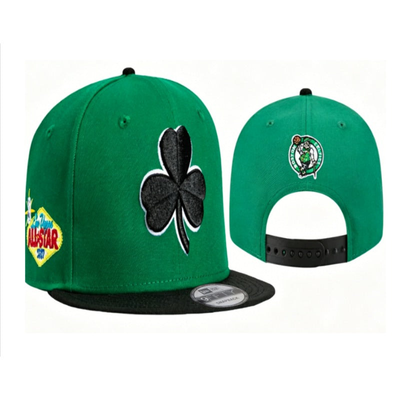 Boston City Basketball Clover Symbol Flat Brim Snapback Caps, Unisex Adjustable Game Day Headwear Green Black Teal Multi Color Hats