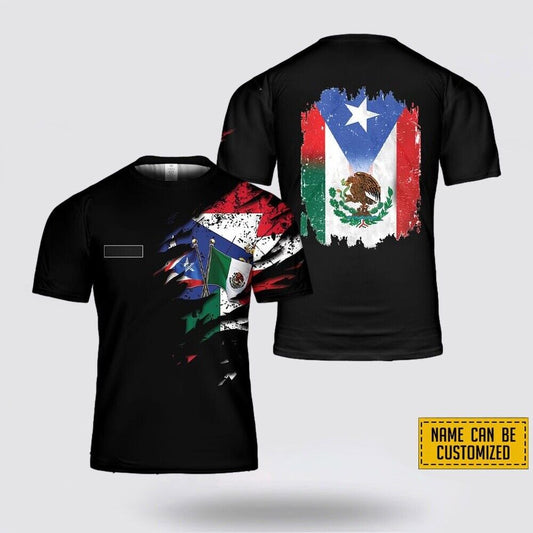 Custom Name Mexico and Puerto Rico Flag 3D Full Print T-Shirt -