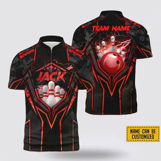Custom Name and Team Name Red Bowling and Pin Thunder Bowling Jersey Shirt -