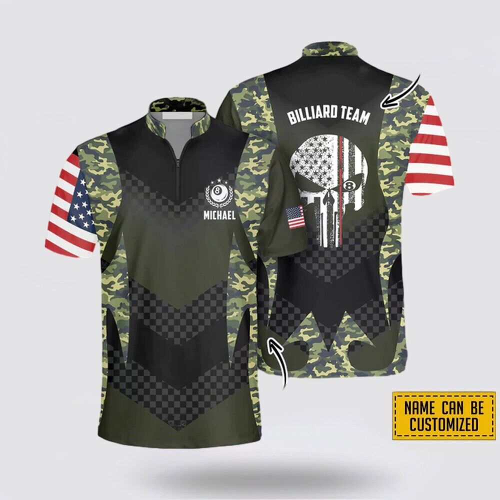 Custom Name Team Skull Camouflage Flag Billiards Jerseys Men's and Women's Shirts -