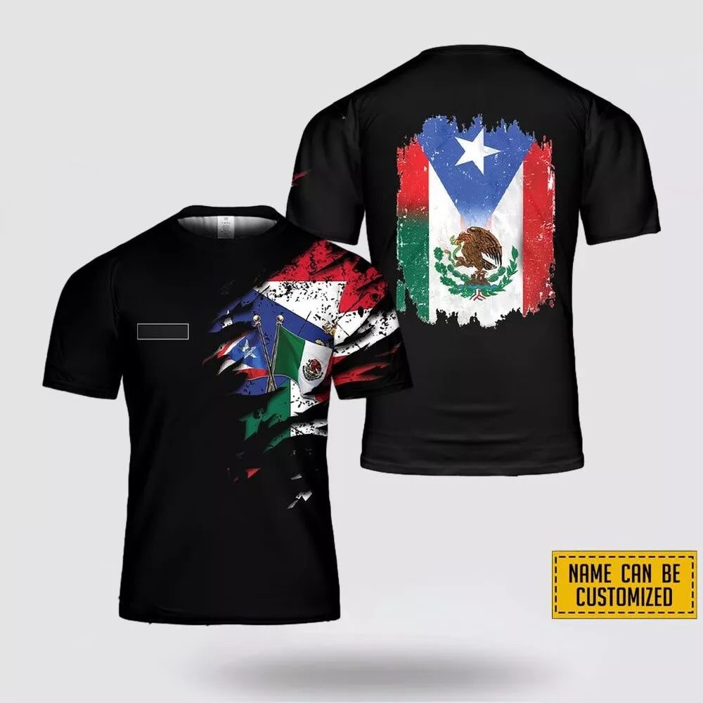 Custom Name Mexico and Puerto Rico Flag 3D Full Print T-Shirt -